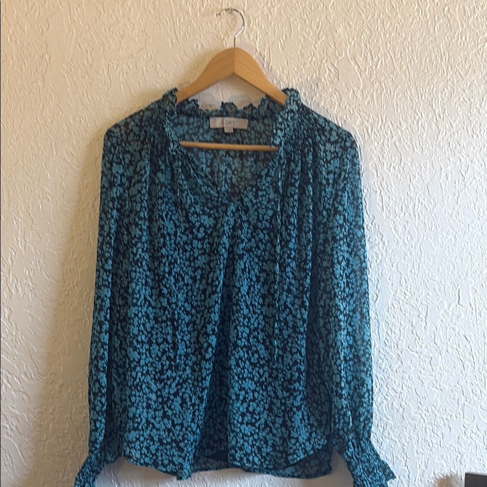 Blue Green Bishop Sleeve Ruffled Blouse
